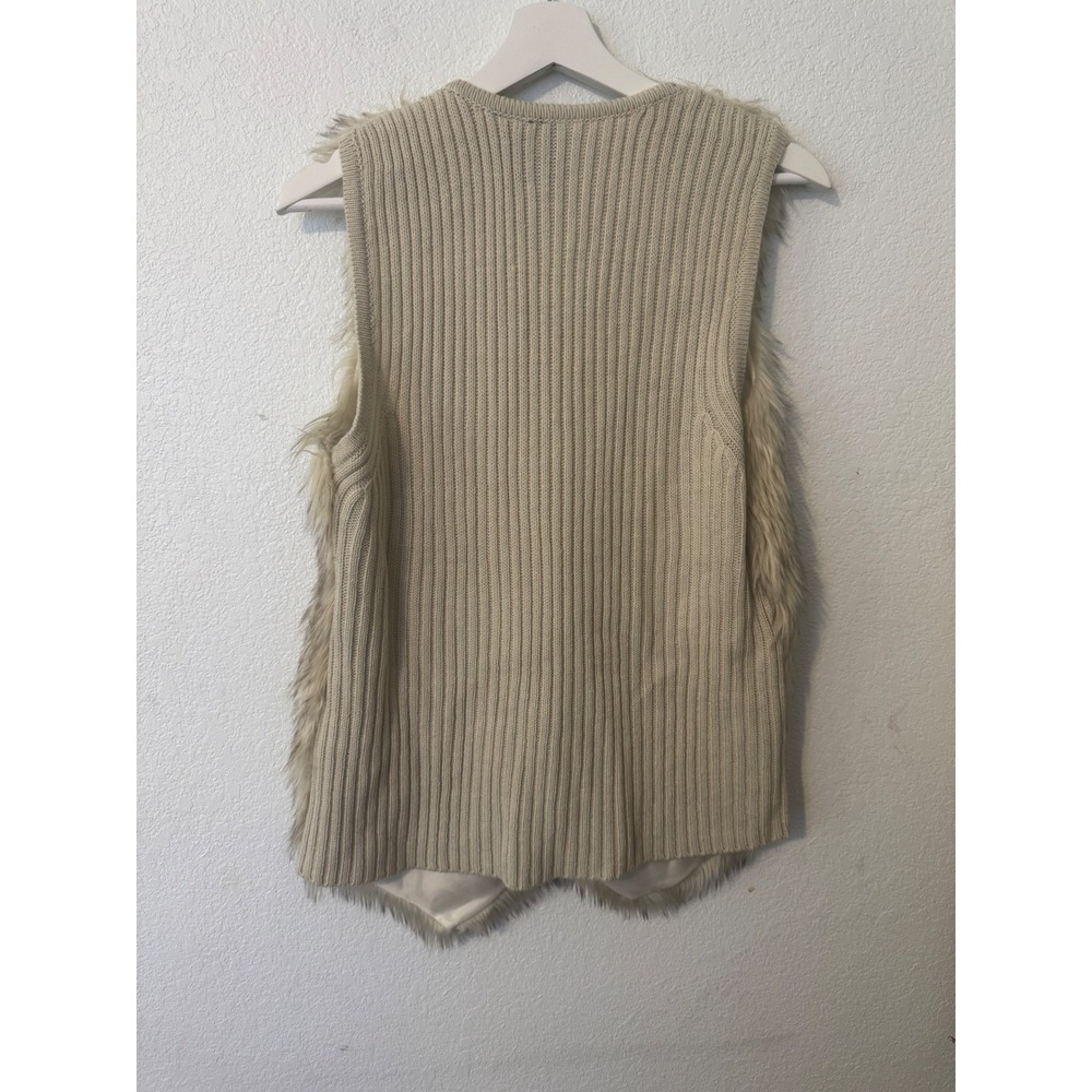 New Directions Women's Beige Knit‎ Faux Fur Trim Open Front Vest Large - Picture 4 of 9